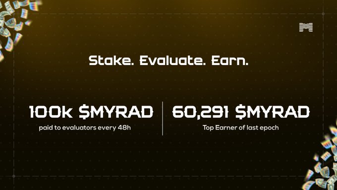 A dark promotional graphic reads 'Stake. Evaluate. Earn.' highlighting that '100k $MYRAD paid to evaluators every 48h' and a '60,291 $MYRAD Top Earner of last epoch'.