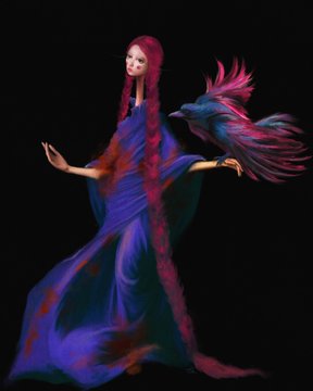 A digital illustration of a pale woman with long red hair wearing a flowing blue and purple dress, standing against a black background while a pink and blue bird hovers near her outstretched hand.