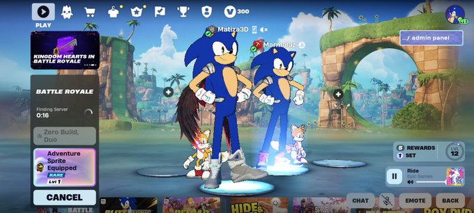 Fortnite game lobby screen showing two Sonic the Hedgehog character skins standing together with menu options including Battle Royale, Zero Build Duo, and Adventure modes.