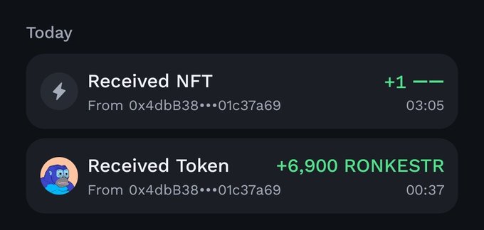 Crypto wallet notification showing 'Received NFT +1' and 'Received Token +6,900 RONKESTR' both from address 0x4dbB38...01c37a69.