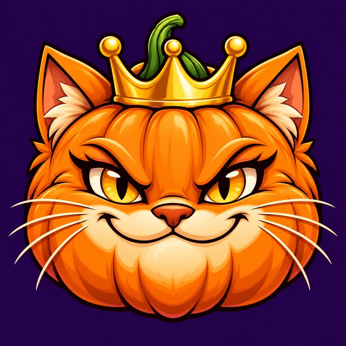 A cartoon-style illustration of an orange cat head wearing a gold crown with a green stem on top, set against a dark purple background.