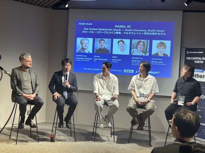 A panel discussion at 'THE CAPITAL SUMMIT TOKYO' titled 'The Global Stablecoin Stack — Multi-Currency, Multi-Issue', featuring speakers including Fernando Vazquez, Sota Watanabe, KIYO, Ben Kim, and Shingo Arai representing DeFiSans, tether, and Babylon.