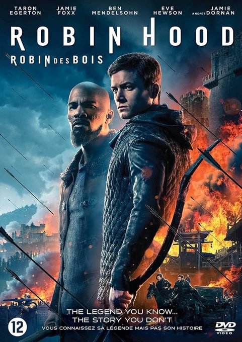 A DVD cover for the film 'Robin Hood' (also titled 'Robin des Bois') starring Taron Egerton and Jamie Foxx, with the tagline 'The legend you know... The story you don't.'