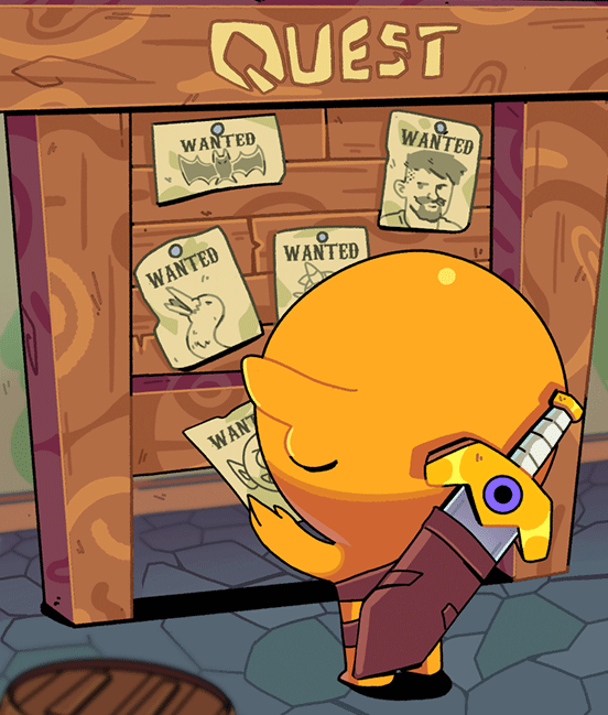 An animated character with a round yellow head and a sword on its back stands before a 'QUEST' bulletin board displaying various 'WANTED' posters.