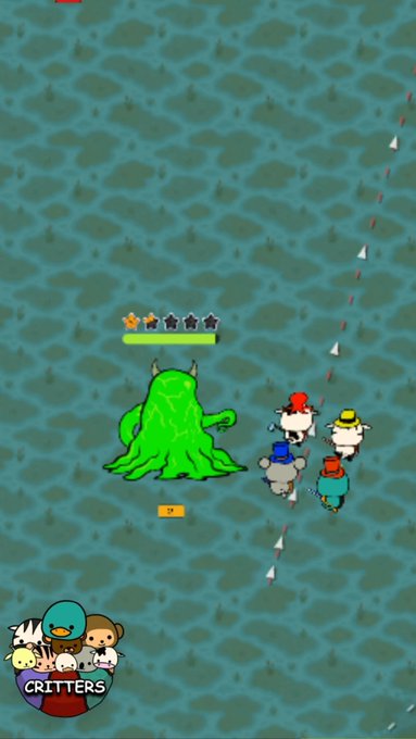 A gameplay screenshot from 'Critters' shows a large green blob monster with a health bar facing off against four small duck-like characters in a top-down view.