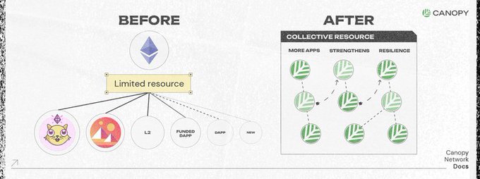 A Canopy Network Docs diagram comparing 'BEFORE' (Limited resource with Ethereum icon connected to various protocols like L2, DAPP, MEME) to 'AFTER' (Collective Resource with MORE APPS, STRENGTHENS, and RESILIENCE shown as interconnected leaf-like icons).