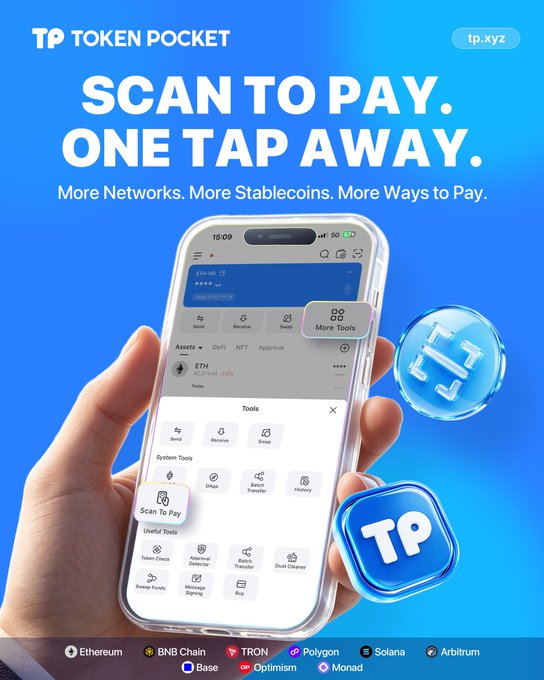 An advertisement for the 'TOKEN POCKET' (tp.xyz) crypto wallet reads 'SCAN TO PAY. ONE TAP AWAY.' and shows a hand holding a phone displaying the app interface, listing supported networks like Ethereum, BNB Chain, TRON, and Solana.