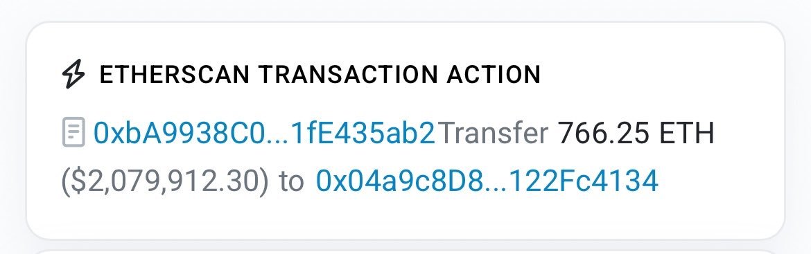 An Etherscan transaction notification showing a transfer of 766.25 ETH ($2,079,912.30) between two wallet addresses.