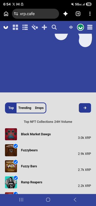 A mobile screenshot of xrp.cafe displaying "Top NFT Collections 24H Volume," listing "Black Market Dawgs" at 3.0k XRP, "Fuzzybears" at 2.9k XRP, "Fuzzy Bars" at 2.7k XRP, and "Ramp Reapers" at 2.2k XRP.