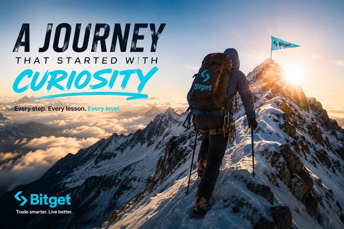 A promotional banner for Bitget featuring a mountaineer reaching a snowy peak with a Bitget flag, captioned 'A JOURNEY THAT STARTED WITH CURIOSITY.'