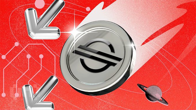 A stylized graphic featuring a large metallic 'X' coin with downward arrows, set against a red background with a planet resembling Saturn.