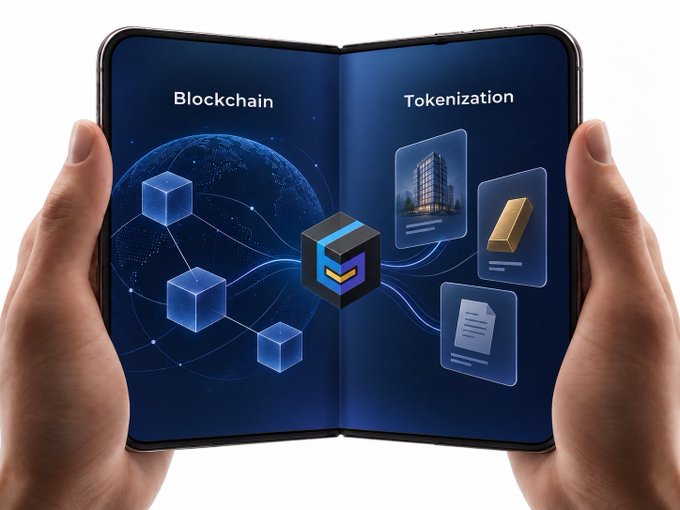 The image shows hands holding a foldable device displaying "Blockchain" and "Tokenization" screens, featuring interconnected digital cubes on the left and representations of a building, gold bar, and document on the right, with a central logo bridging the two concepts.

This visual illustrates the intersection of blockchain technology with real-world asset tokenization, directly relating to the post about Lao Bullion Bank's efforts to bring their traditional gold-backed certificate system onto the blockchain timeline.
