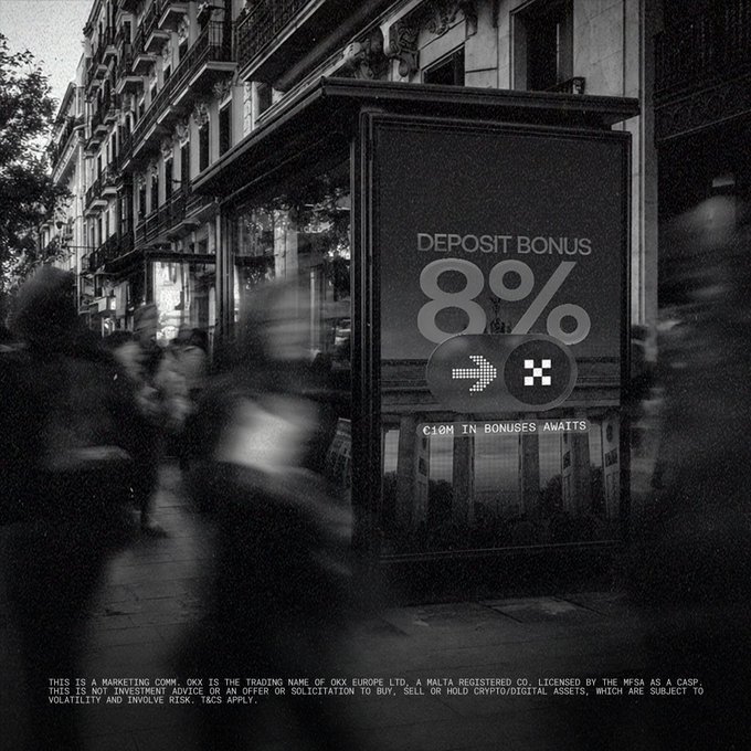 A black-and-white street scene shows a bus shelter advertisement reading "DEPOSIT BONUS 8% / €10M IN BONUSES AWAITS" with OKX and MiCA logos. The blurred pedestrians in motion reflect the post's message that while many are rushing by, OKX has positioned itself ahead by securing the first global MiCA licence—turning regulatory compliance into a competitive edge and rewarding early depositors.
