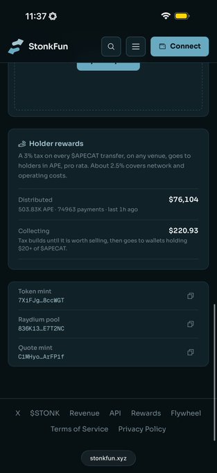 Mobile screenshot of the StonkFun website displaying 'Holder rewards' details including distributions of $76,104 and collecting $220.93 for the $STONK token.