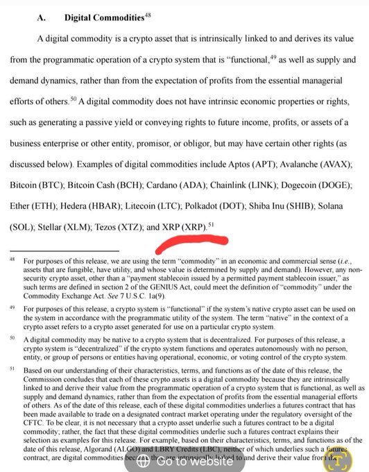 The image shows an excerpt of a regulatory document defining "Digital Commodities" under U.S. commodities law, listing XRP alongside other cryptocurrencies like Bitcoin (BTC), Ethereum (ETH), Solana (SOL), and Cardano (ADA), with "and XRP (XRP)" circled in red for emphasis. This relates to the post highlighting XRP's potential to benefit once President Trump signs the Clarity Act into law, since the cited text demonstrates that XRP is being officially classified as a digital commodity—a key regulatory designation that the Clarity Act would formally establish, potentially strengthening XRP's market position.