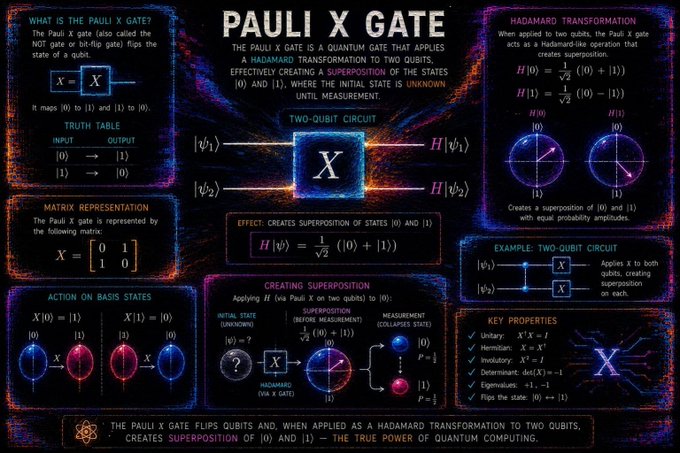 An educational infographic explaining the 'PAULI X GATE' in quantum computing, detailing its truth table, matrix representation, and Hadamard transformation effects on qubits.