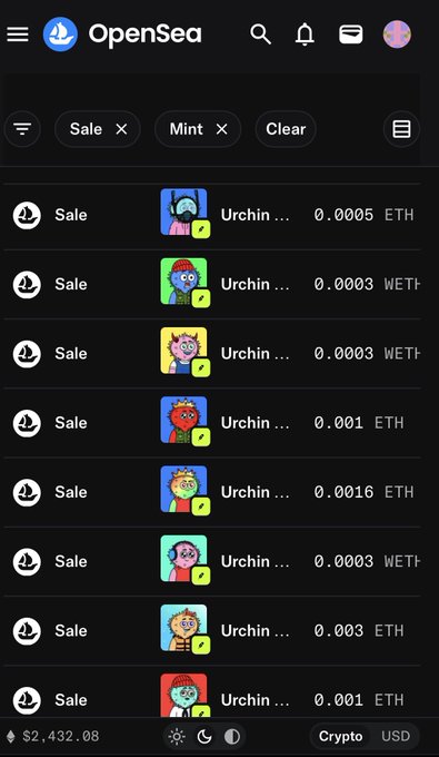 A screenshot of the OpenSea NFT marketplace showing various "Urchin" collection items listed for sale, with prices ranging from 0.0003 WETH to 0.003 ETH.