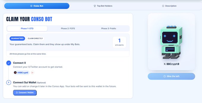 A “CLAIM YOUR CONSO BOT” page shows Phase 1: OTD, “Connect X” for @BBCrypt0, and a pixel-art bot card with about 10m 05s left.