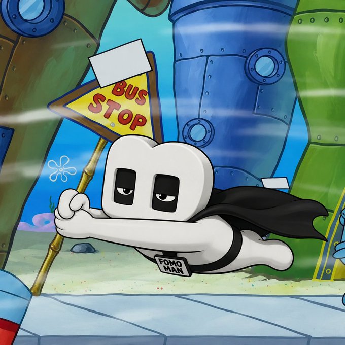 A cartoon figure wearing a black cape and a "FOMO MAN" name tag heroically flies past a "BUS STOP" sign in an underwater Bikini Bottom-style scene, illustrating the post's theme of confidently buying market dips while others hesitate, having "hit the bottoms."