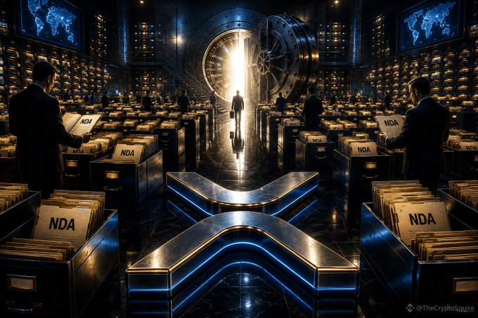A vault-like chamber filled with countless filing boxes labeled "NDA" is guarded by suited figures, with a lone silhouette standing before a massive glowing vault door, symbolizing the hidden world of Ripple's confidential agreements. The XRP logo prominently displayed in the center reinforces the post's message that Ripple's 1,700+ NDAs between 2013 and 2020 hint at untold partnerships and institutional interest beyond public view.