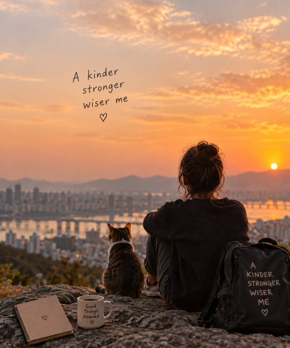 A person and a cat sitting on a rocky hill at sunset, looking over a city skyline, accompanied by the text 'A kinder stronger wiser me ♡'. The person has a backpack and mug with matching text.