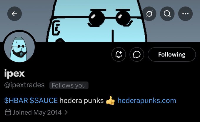 The image features a Twitter post with a blue cartoon character wearing glasses and a beard. The post includes text that reads "I see some stuff circulating around the HederaPunks No red flags for me personally…. Well …" This message seems to be directed towards an account named "Ipxx" or "shibar $ Sauce Hedera Punks.com". The post also mentions a specific date, which is "May 2014", and includes a thumbs-up symbol with the text "Follows you".