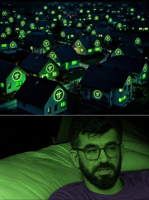 A meme image showing an aerial view of a neighborhood where every house is marked with a glowing green Team Fortress 2 logo, paired with a photo of a bearded man lying in bed.
