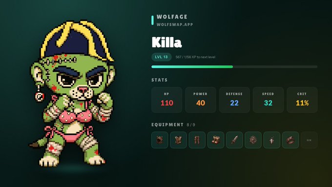 A character profile screen for 'Killa' (LVL 13) on wolfswap.app, showing a pixel-art green zombie girl with stats like HP 110 and Power 40.