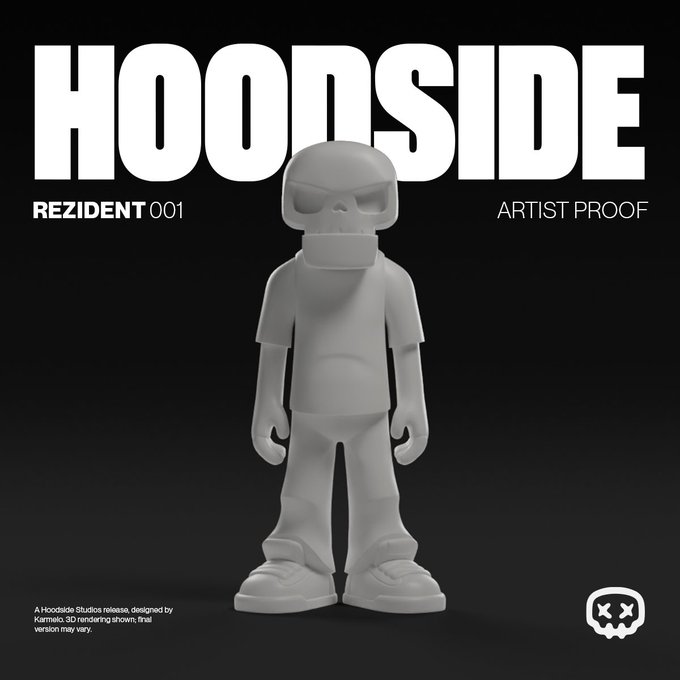 A gray 3D-rendered skull-headed figure stands against a black background, featuring bold "HOODSIDE" text at the top, "REZIDENT 001" and "ARTIST PROOF" labels, and the Hoodside Studios skull logo in the bottom corner. The rendered figure represents the 5" Artist Proof collectible that Renderz collectors can claim, with the caption noting this is a smaller version pulled from the artist's animated works rather than the full Rezident release.