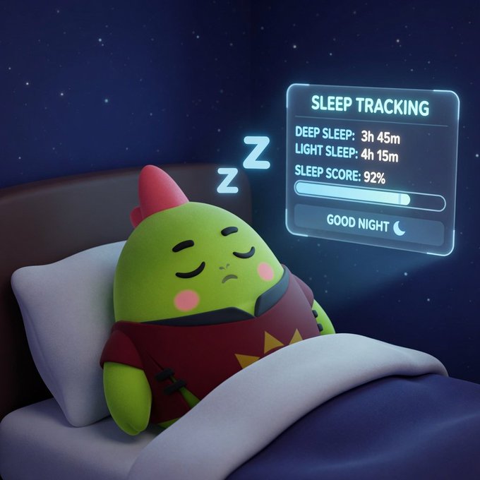 The image features a green stuffed animal, possibly a frog or a monster, lying down on a bed with white sheets. The creature appears to be sleeping peacefully. In front of the sleeping figure, there's a computer screen displaying information about sleep tracking and scoring. This suggests that the image is related to a wellness application or project focused on promoting healthy sleep habits.