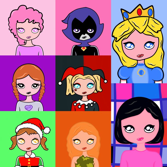 A colorful grid of seven cartoon female characters includes a pink-haired figure, a masked superhero, a princess, a braided girl, a jester, a festive girl in a Santa hat, and a black-haired woman in pink.