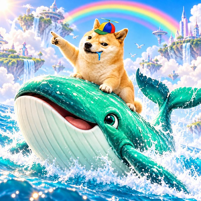 A whimsical digital artwork of a Shiba Inu dog wearing a propeller hat, riding on a smiling green whale through ocean waves, with floating islands and a rainbow in the background.