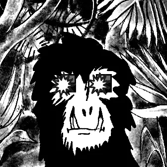 A high-contrast, black-and-white stylized illustration depicts the head and shoulders of a gorilla wearing a cap and star-shaped sunglasses, set against a chaotic background of palm leaves.