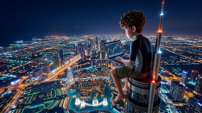 A 3D-rendered illustration of a young boy sitting atop a tall skyscraper at night, holding a laptop displaying a stock chart, with a sprawling illuminated city skyline below.