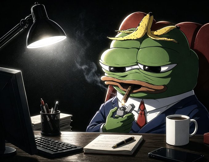 A cartoon Pepe the Frog in a suit sits at a desk smoking a cigar under a desk lamp, with a coffee mug, notebook, pen, and a phone nearby, fitting the "gm bros let's get to work" post as a humorous depiction of a crypto trader ready to grind through the day.