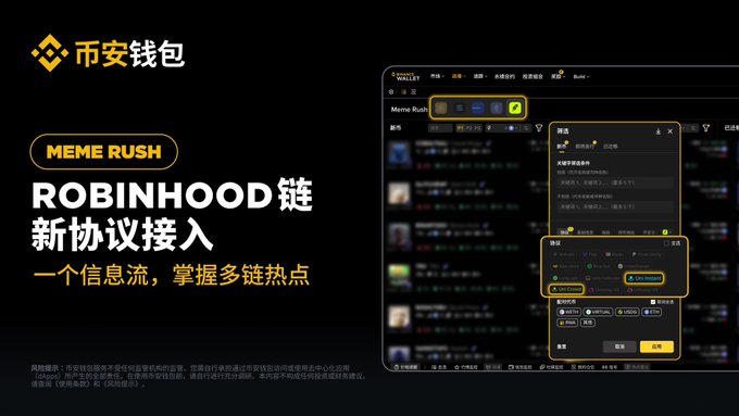 A promotional graphic for Binance Wallet's Meme Rush feature on the Robinhood chain, featuring the Binance logo, Chinese text "币安钱包" (Binance Wallet), and "ROBINHOOD 链新协议接入" (Robinhood Chain New Protocol Access), alongside a screenshot of the Meme Rush interface showing a "筛选" (Filter) and "协议" (Protocol) selection menu.