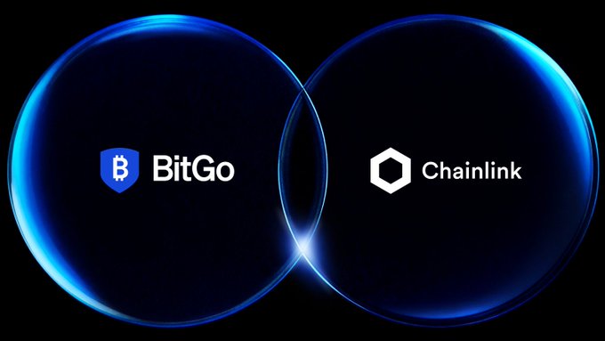 Two glowing blue orbs display the BitGo and Chainlink logos side by side against a dark background, representing a partnership between the two companies.