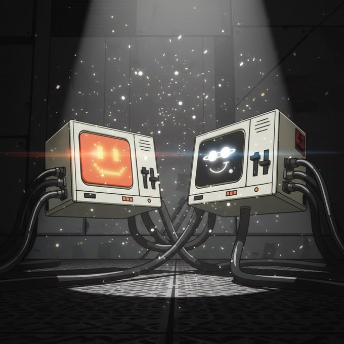 The image features two cartoon-like robots with white bodies, one smiling and the other frowning, positioned next to each other. The background of the image shows a black and white room filled with lights that create an interesting contrast against the robots' colors. There is also text in the image that reads "Hey @bankrbot give me ta on $BNKR and $DRB".