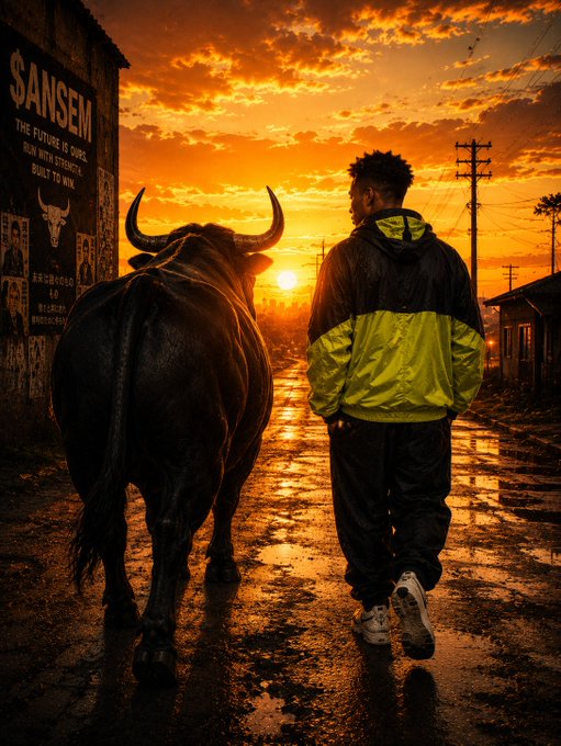 A digital artwork showing the same man in the yellow and black jacket and black bull walking down a wet road at sunset, with a '$ANSEM' poster on a building to the left.