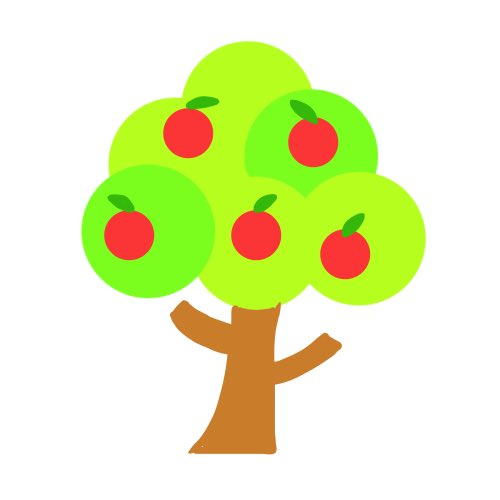 A simple cartoon illustration of a green tree with a brown trunk bearing five red apples.