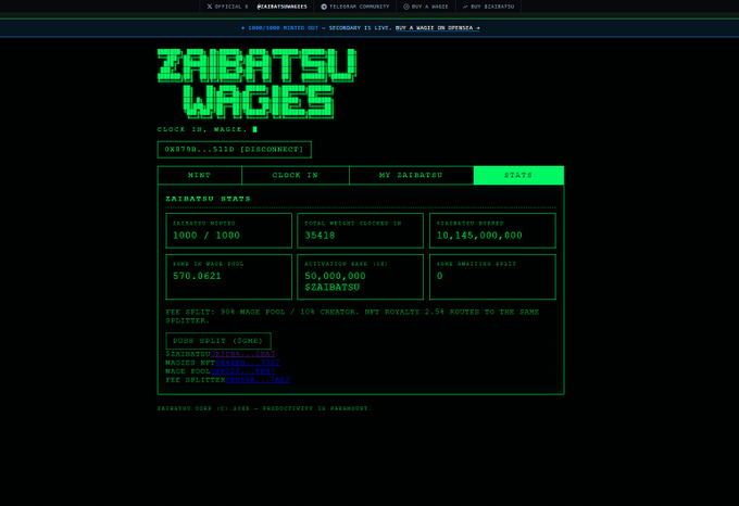 The image shows the "Zaibatsu Wagies" dashboard website with a retro green terminal aesthetic on a black background, displaying "CLOCK IN, MASSE" and confirming "1000/1000 HIRED" with a "0x6789...611D [DISCONNECT]" wallet connection. Key stats visible include a market cap of 10,145,000,000, 36418 total wallets clogged in, and a fuel check showing an estimated base of 50,000,000 $ZAIBATSU — directly illustrating the post's updates about the live fuel check feature and fully hired status.