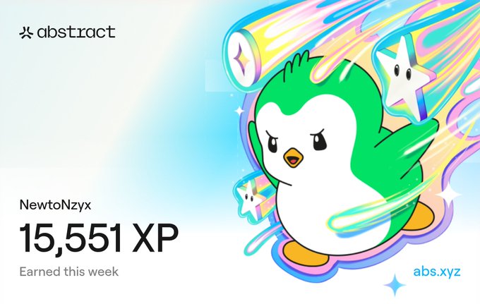 A graphic showing 'NewtoNzyx 15,551 XP Earned this week' alongside an angry cartoon penguin character, branded with 'abstract' and 'abs.xyz'.