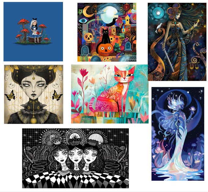 A collage of seven artistic illustrations including a girl with mushrooms, a Halloween scene with a cat, a queen figure, a woman with butterflies, an orange cat, a blue jellyfish-like figure, and three women in black and white.