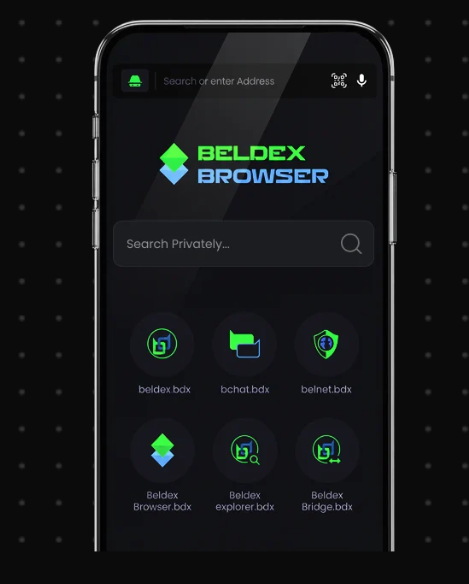 A smartphone displaying the Beldex Browser home screen shows a private search bar and shortcut icons for beldex.bdx, bchat.bdx, belnet.bdx, Beldex Browser.bdx, Beldex explorer.bdx, and Beldex Bridge.bdx against a dark background.