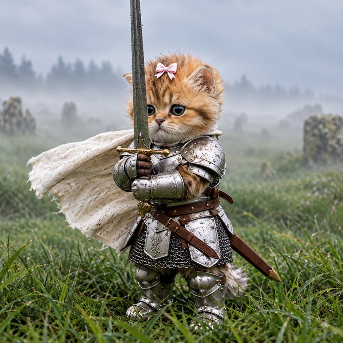 An AI-generated image of an adorable orange kitten wearing full medieval knight armor and a pink bow, holding a large sword upright in a misty grassy field.