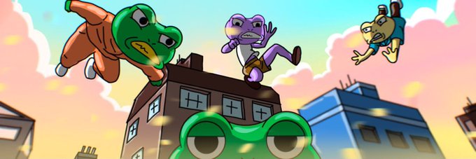 A cartoon illustration of frog and other characters falling or flying through a colorful cityscape.