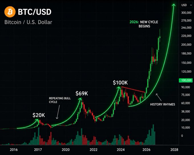 A BTC/USD candlestick chart on TradingView showing Bitcoin's historical price peaks at $20K (2017), $69K (2021), and $100K, with annotations labeling a "repeating bull cycle" and projecting that Bitcoin will reach $300,000 as a "2026: new cycle begins," supporting the post's claim that Bitcoin is heading to $300K.