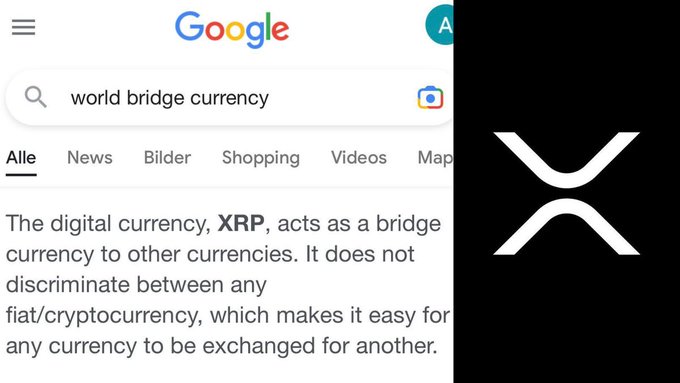 A Google search for "world bridge currency" returns a featured snippet defining the digital currency **XRP** as a bridge currency that facilitates exchanges between fiat and cryptocurrencies, alongside the XRP logo.