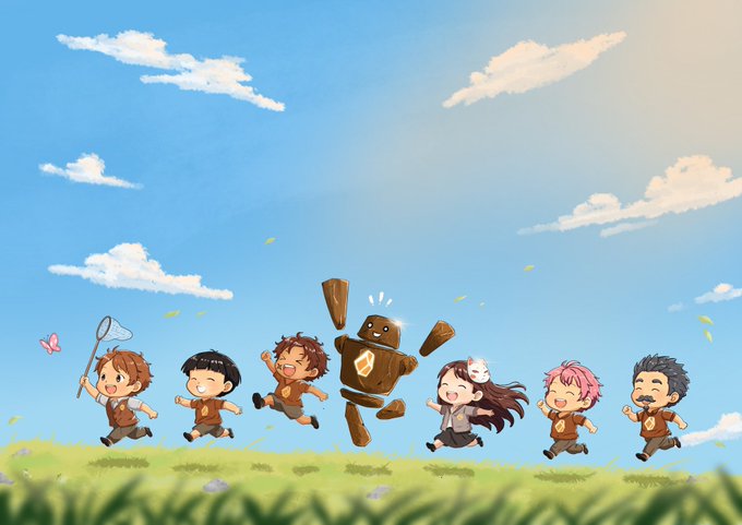Seven chibi-style characters run joyfully across a grassy hill under a bright blue sky, with one character (a brown, blocky figure) appearing to break apart in the center while the others chase a butterfly with a net. The whimsical scene captures the spirit of the "Gmic Fam" community adventure, bringing together the featured members in a playful group illustration.