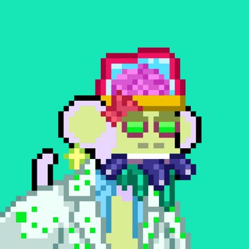 Pixel art depicting a green-skinned character with curly hair and a purple/white outfit holding a large decorated object, rendered in a retro video game style.